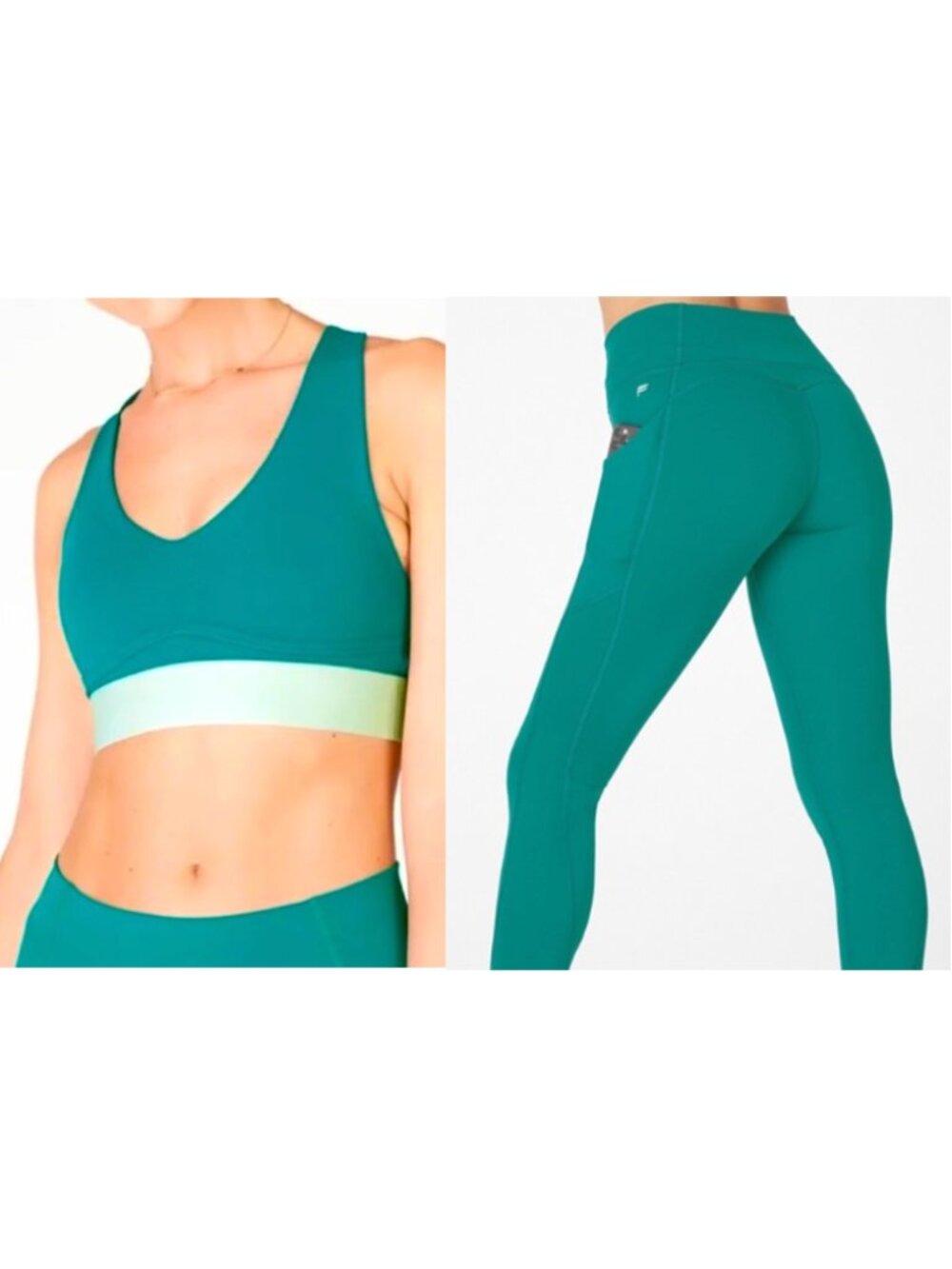 Fabletics Set - PureLuxe Leggings & Strappy Sports Bra Teal Green Two-Tone Small